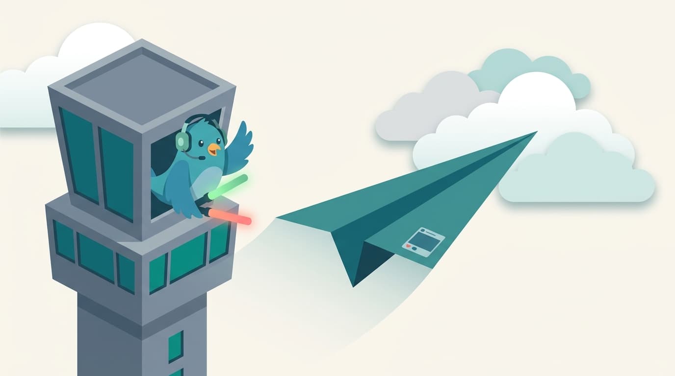 A bluebird in a control tower waving in a paper-airplane post for takeoff