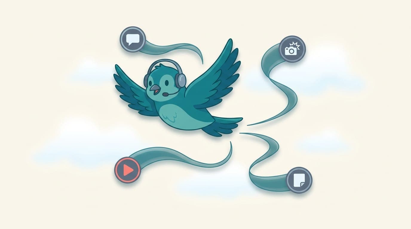 A bluebird in flight leaving four contrails that branch toward different channel badges