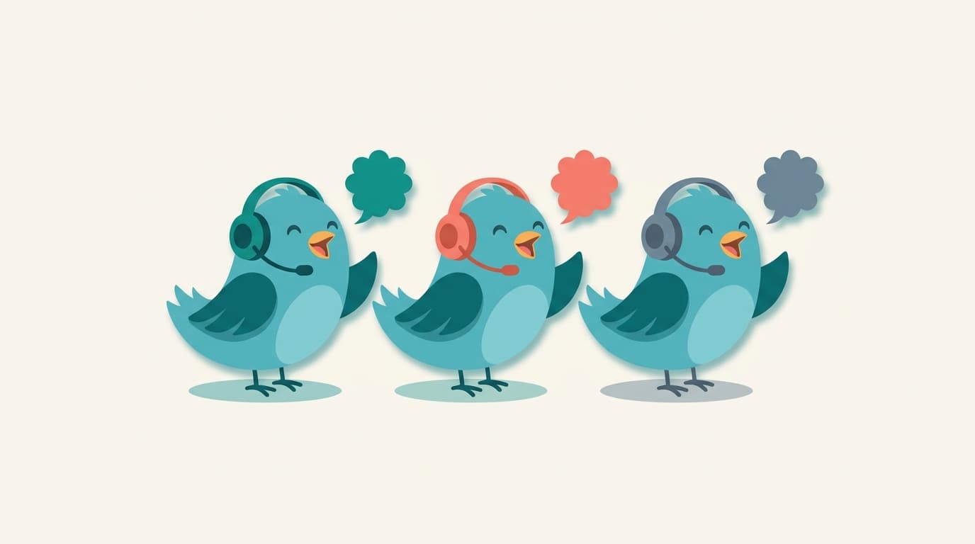 Three bluebirds in differently colored aviation headsets, each broadcasting in their own voice