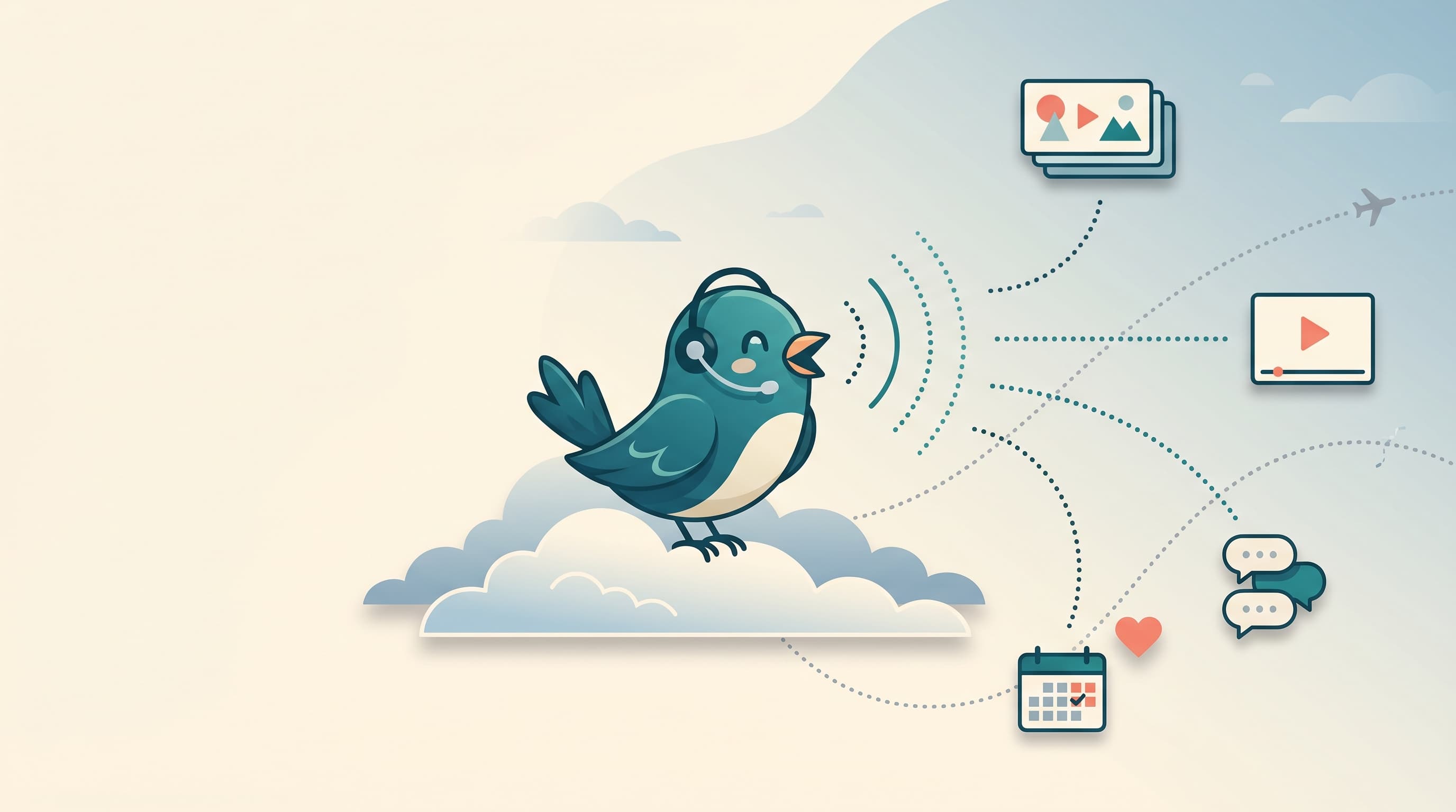 A friendly bluebird with an aviation headset on a cloud, broadcasting content across radio waves