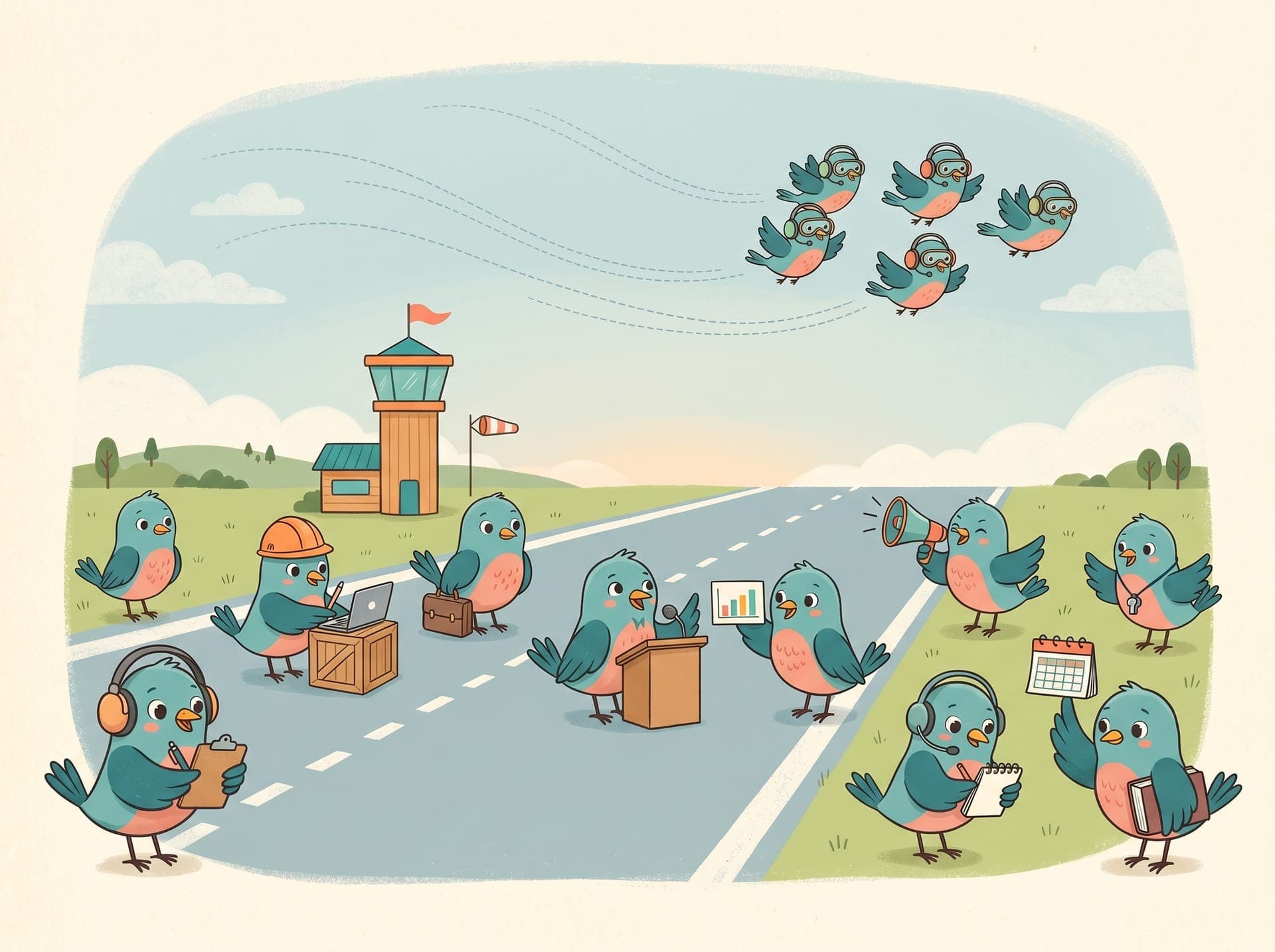 An airfield scene of bluebirds doing many different jobs: one with a clipboard and headphones, one with a hardhat and laptop, one carrying a briefcase, one at a small podium with a microphone, one with a megaphone, one holding a calendar, one with a chart, one with a book, and a small formation of birds in flight overhead