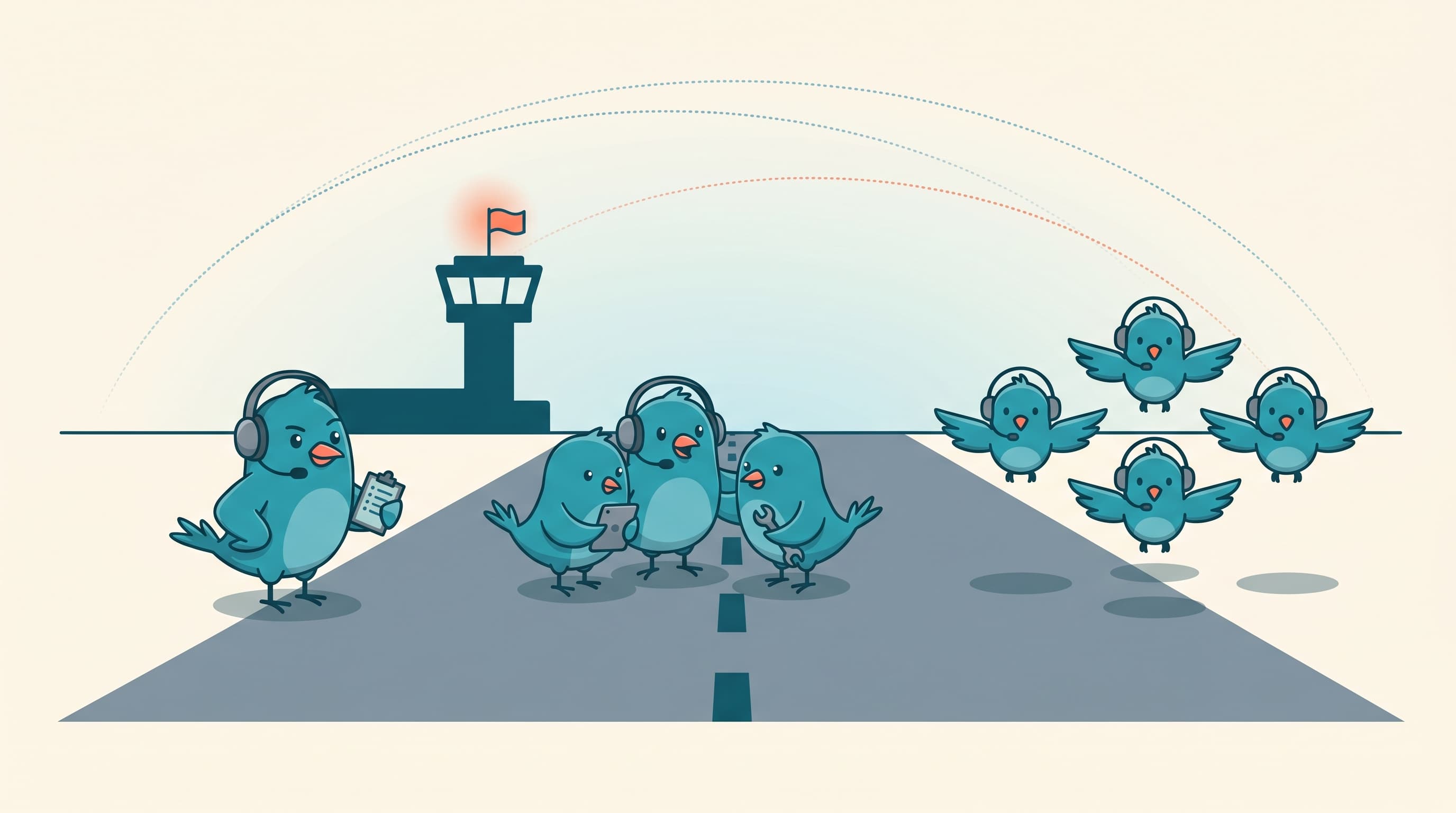 Three groups of bluebirds on a runway: a solo founder, a small team, and an agency formation