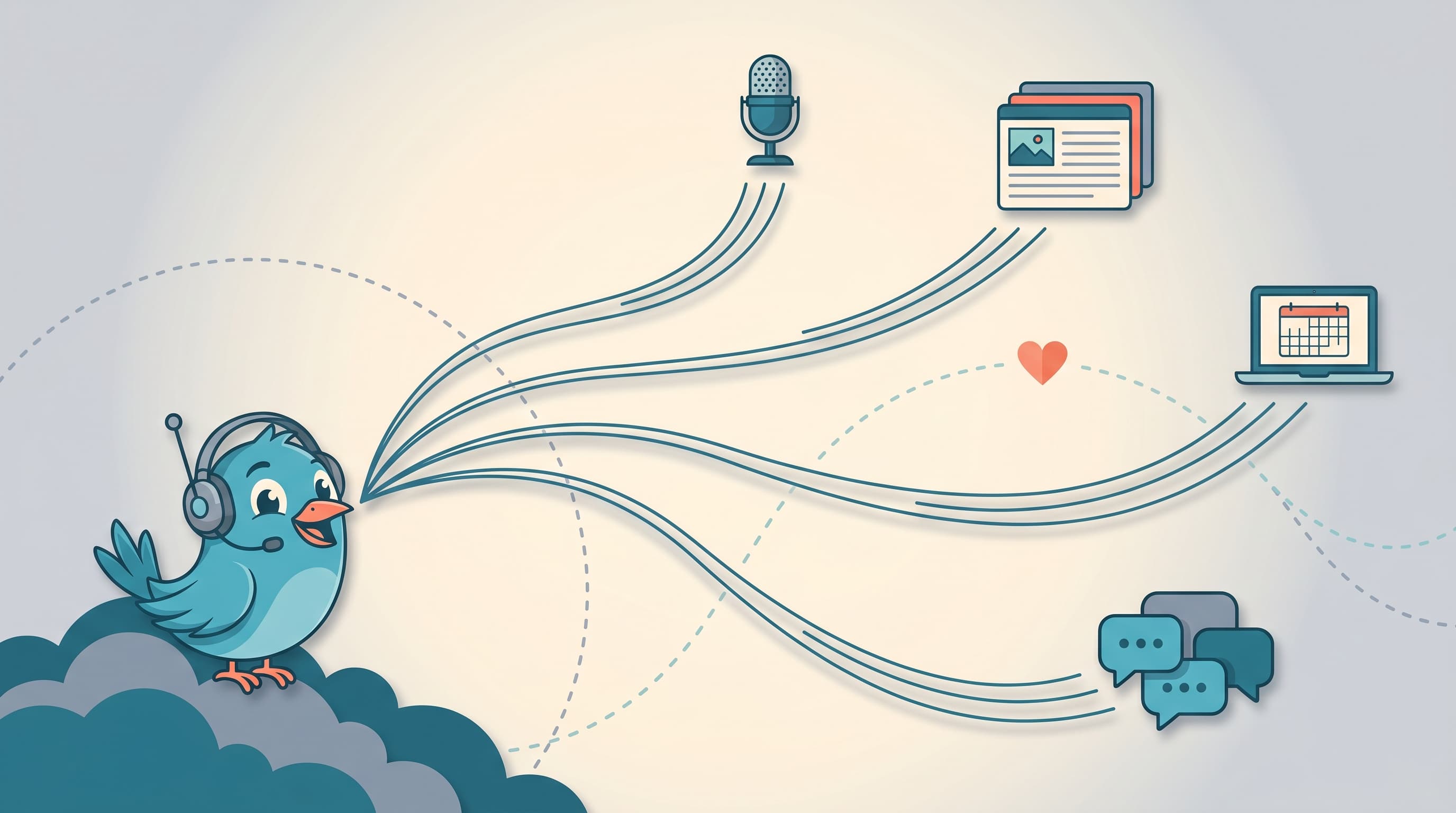 A bluebird leaving branching contrails that lead to content icons: podcast mic, blog, calendar, and chat bubbles