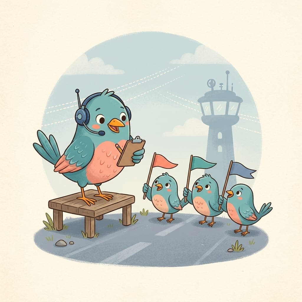 A bluebird agency director on a small platform overseeing three smaller bluebirds carrying different colored client pennants, control tower in the background