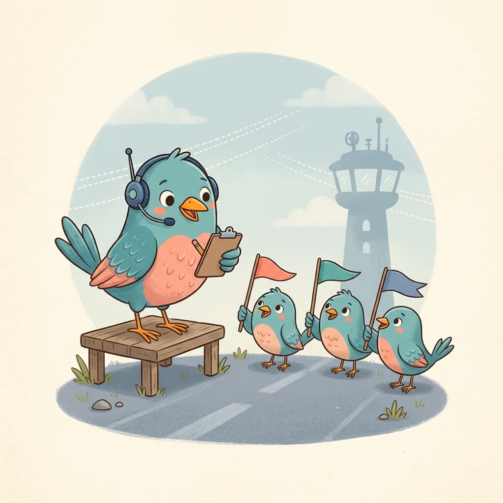 A bluebird agency director on a small platform overseeing three smaller bluebirds carrying different colored client pennants, control tower in the background