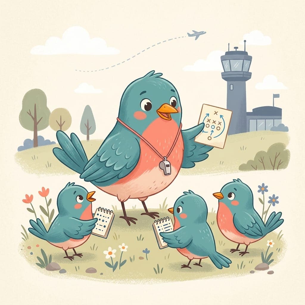 A bluebird coach with a tiny silver whistle on a coral lanyard, standing in front of three smaller student bluebirds with notebooks, holding a small playbook card