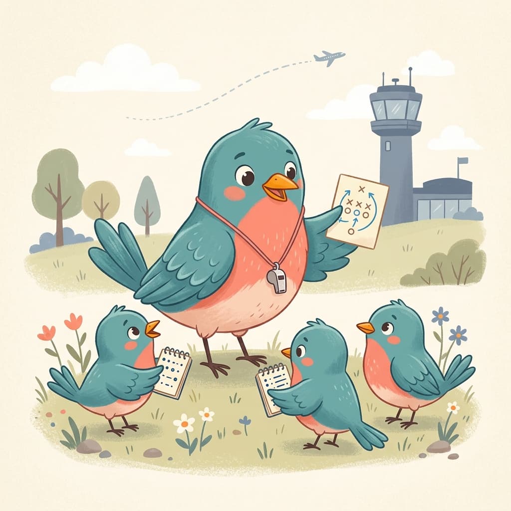 A bluebird coach with a tiny silver whistle on a coral lanyard, standing in front of three smaller student bluebirds with notebooks, holding a small playbook card