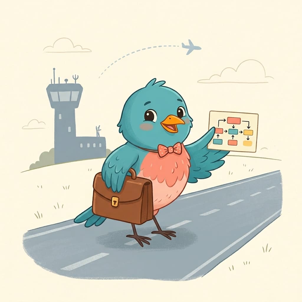 A bluebird consultant in a small bowtie holding a tiny briefcase and a framework diagram card with boxes and arrows, control tower behind