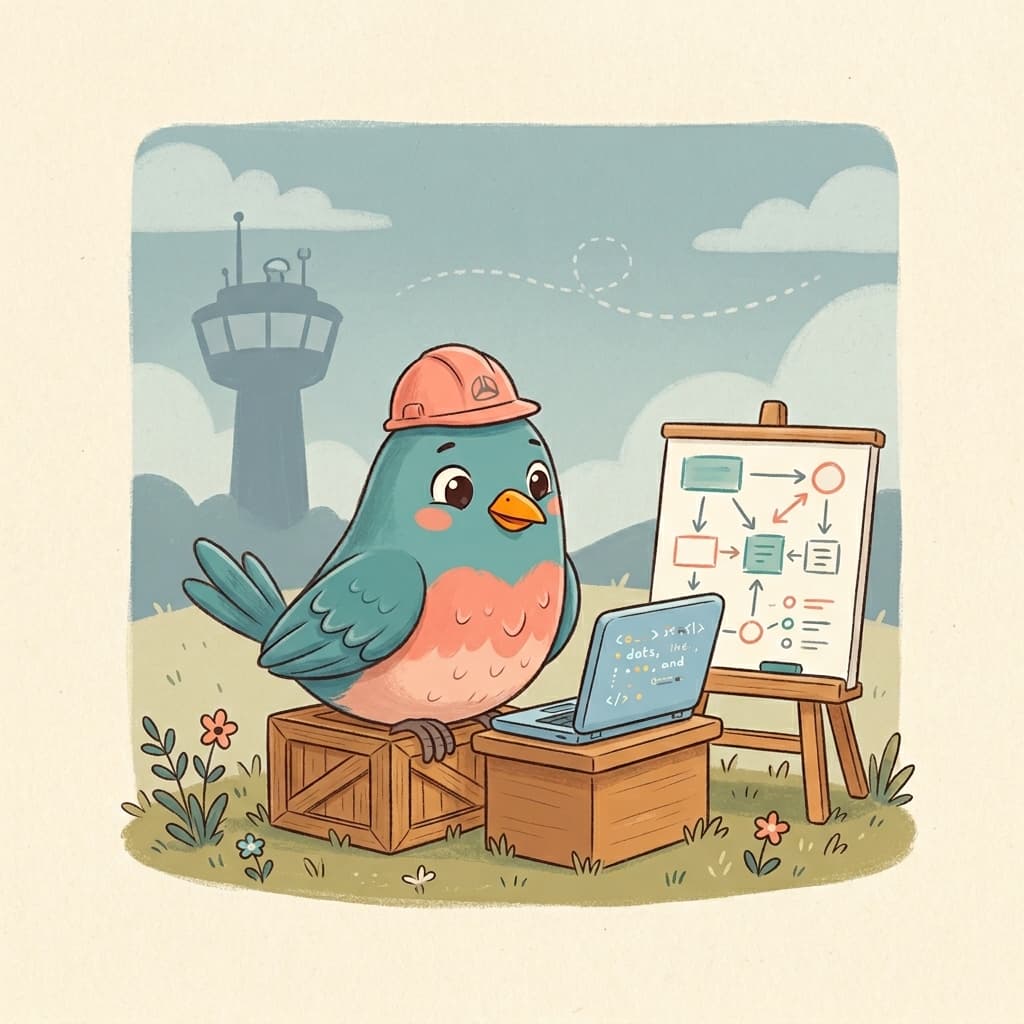 A bluebird engineer wearing a small coral hardhat, sitting on a wooden crate with an open laptop showing code-like dots and a small whiteboard with system-diagram boxes and arrows