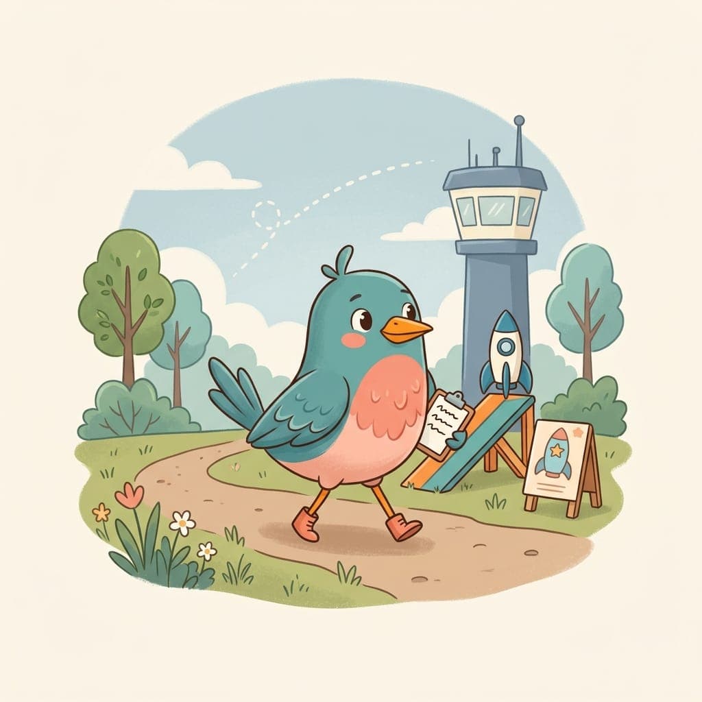 A bluebird founder striding forward with a tiny clipboard, beside a small launch ramp with a rocket-shaped product card, control tower in the distance