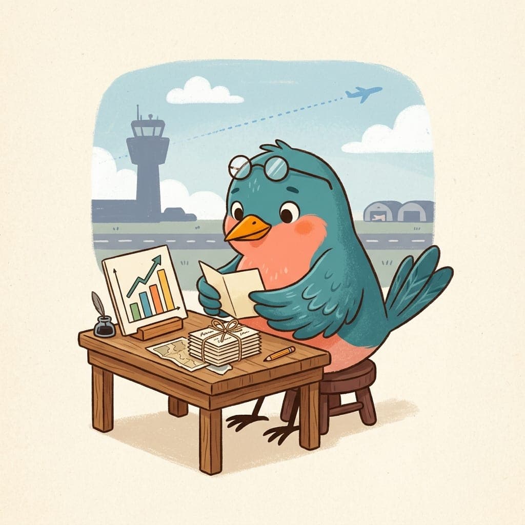 A bluebird investor in tiny round glasses at a small wooden desk reading a folded memo, with a propped-up bar-chart card and a small stack of memo cards beside it