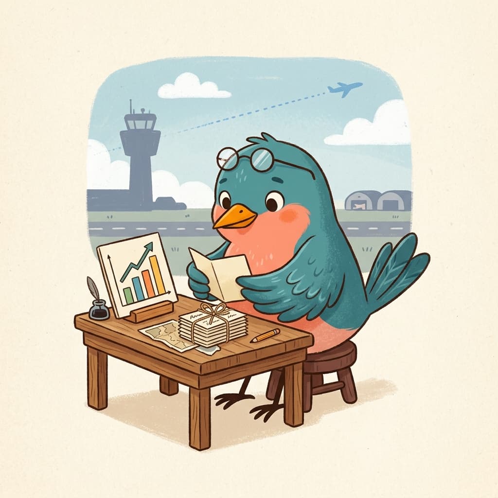 A bluebird investor in tiny round glasses at a small wooden desk reading a folded memo, with a propped-up bar-chart card and a small stack of memo cards beside it