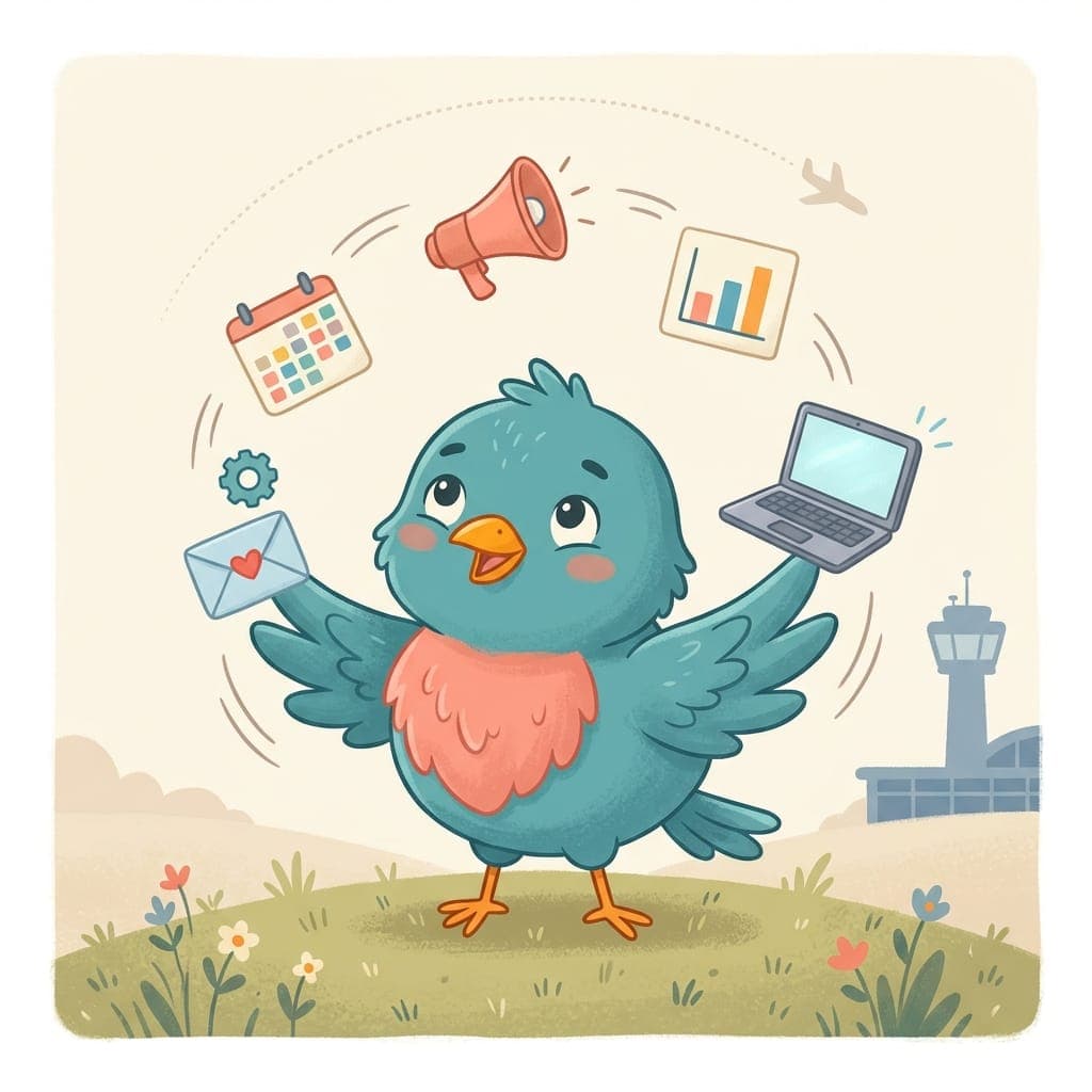 A determined bluebird centered, juggling a small calendar card, a coral megaphone, a bar-chart card, a tiny laptop, and a small envelope, with a control tower in the distance