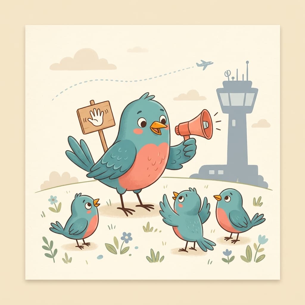 A bluebird recruiter holding a small coral megaphone and a friendly sign, with three smaller bluebirds in front looking interested