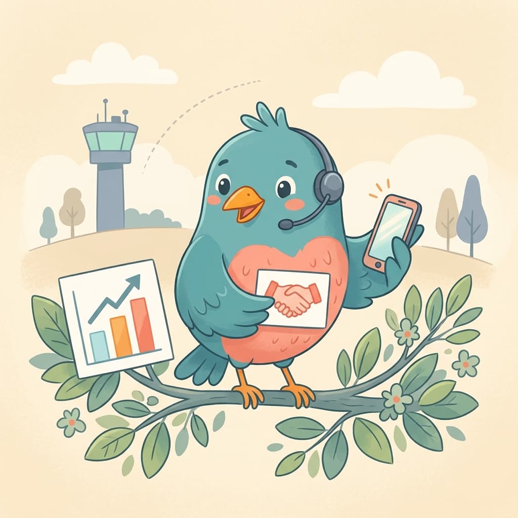 A bluebird salesperson wearing a wireless headset, holding a tiny phone and a handshake card, with a small upward bar chart beside it