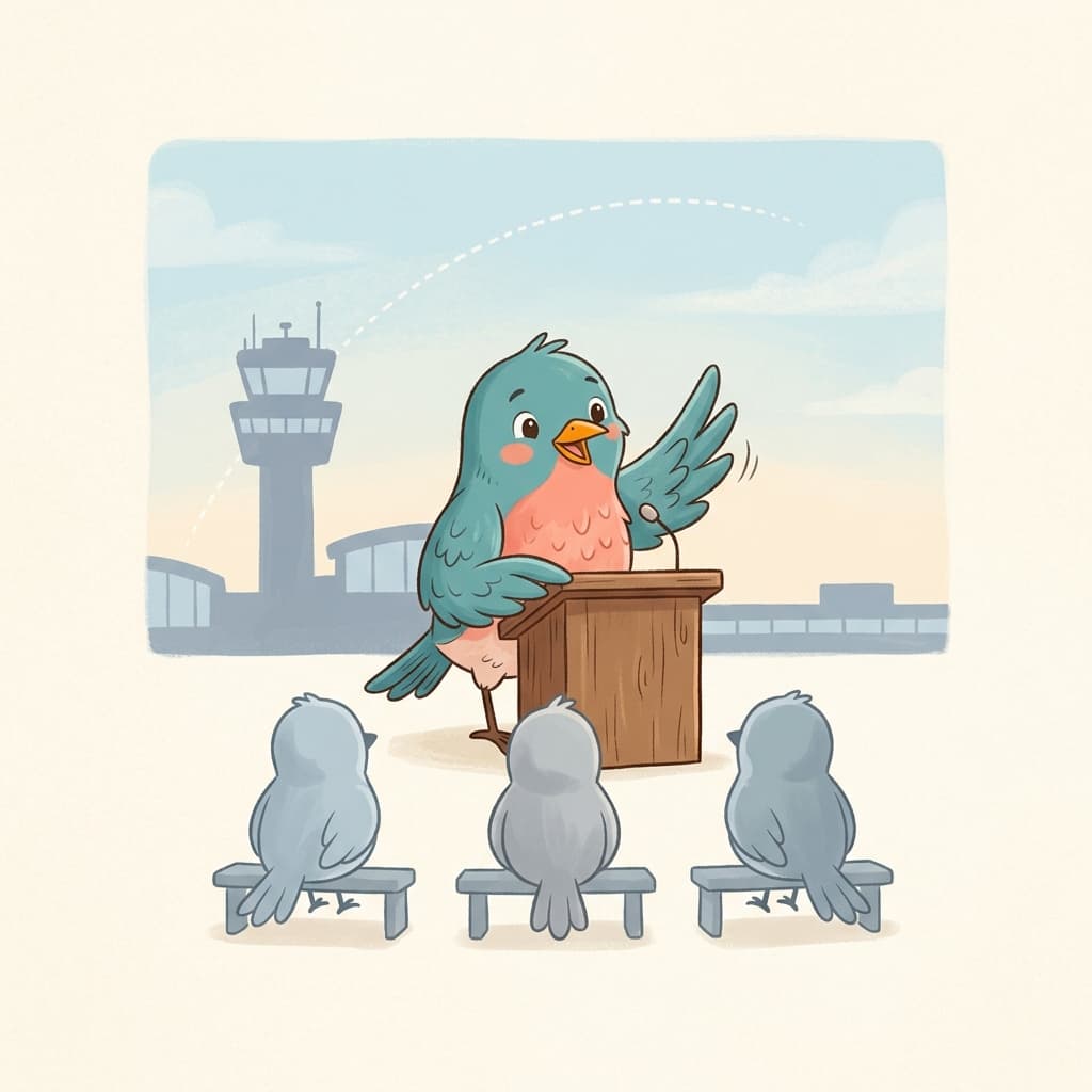 A bluebird speaker at a small wooden podium with a tiny microphone, wing raised mid-gesture, with three small audience bluebirds in soft silhouette in the foreground