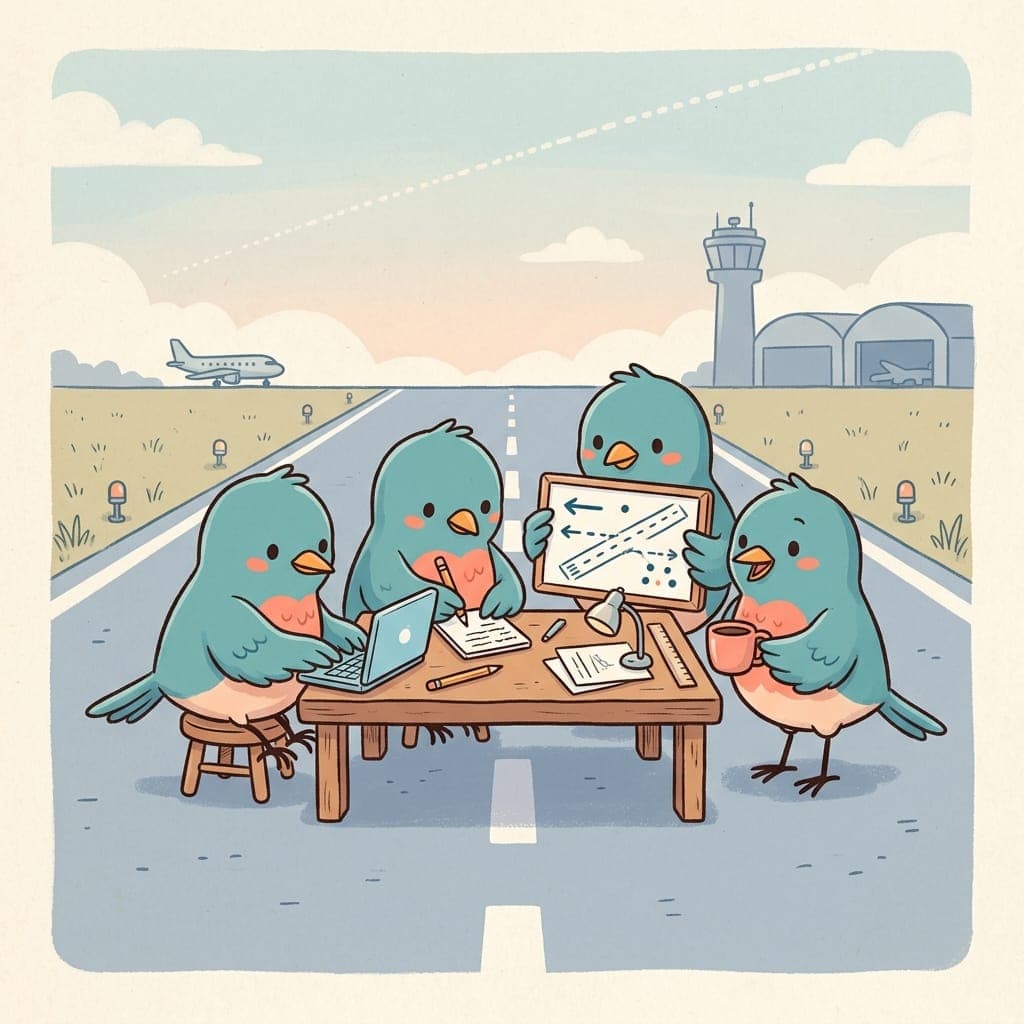 Four bluebirds working together at a small shared desk on a runway, one with a laptop, one writing on paper, one at a small whiteboard, one with a coffee cup