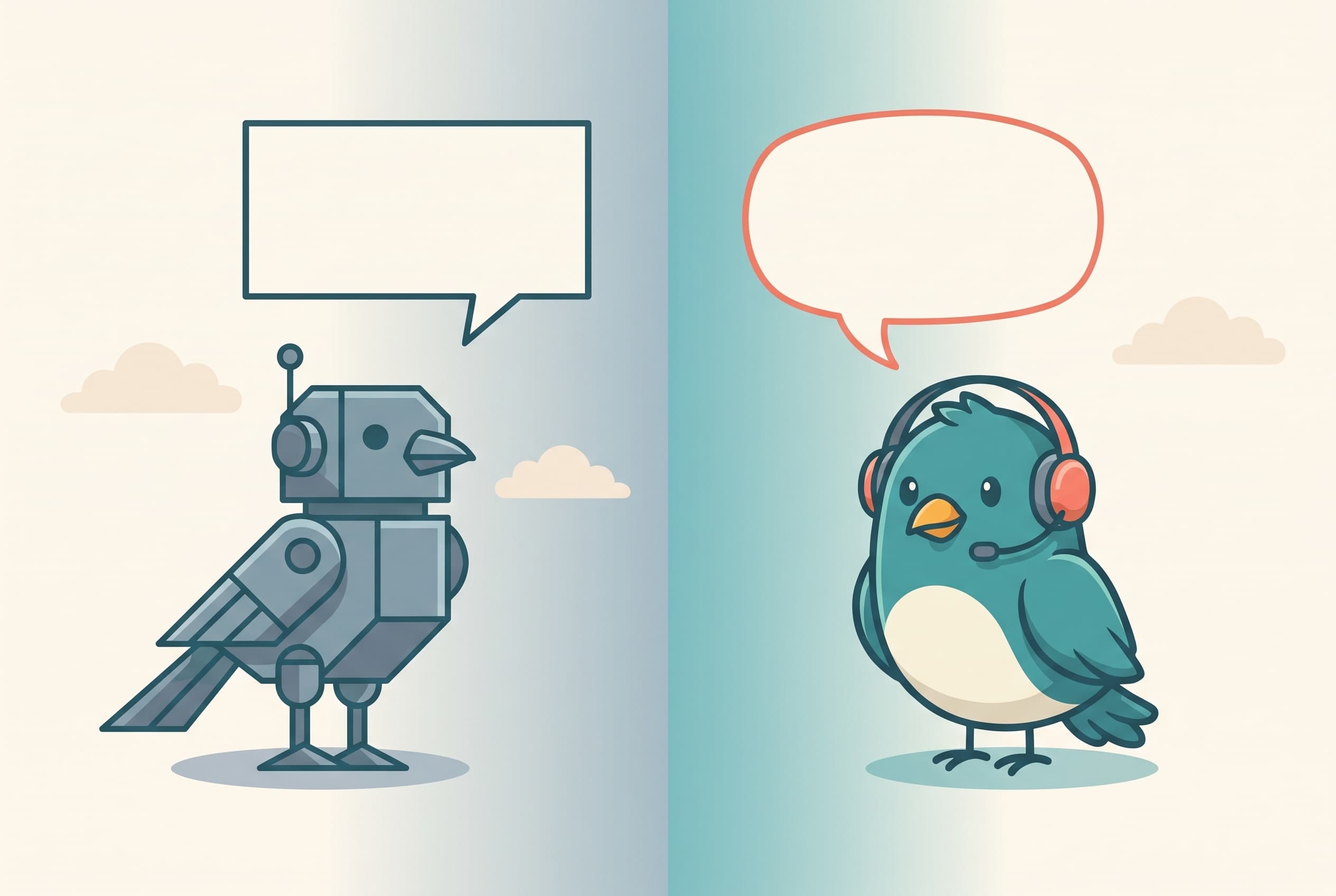 A rigid robotic bird and a friendly songbird, each with an empty speech bubble