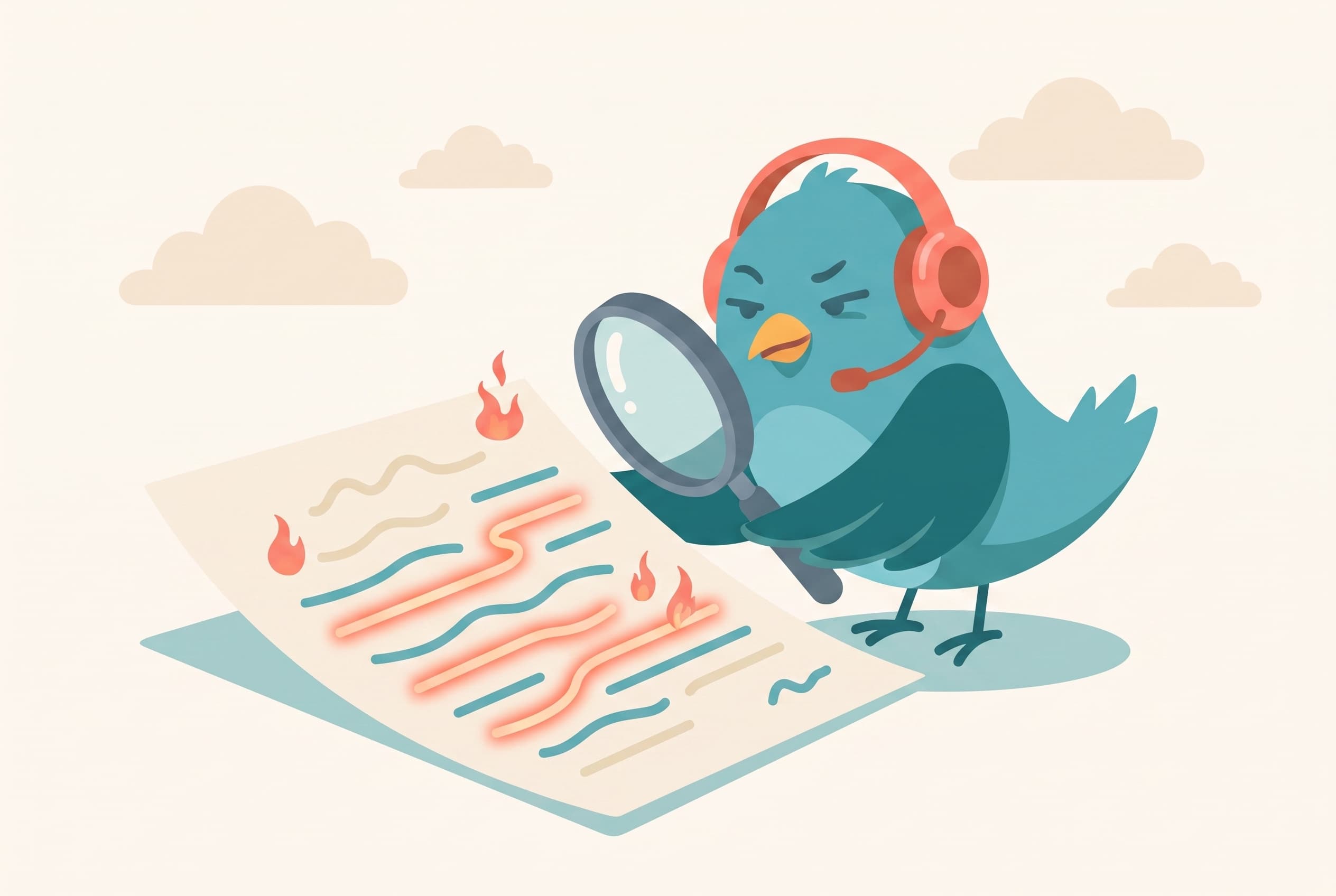 Illustration of a bird inspecting a document with a magnifying glass, several lines flagged